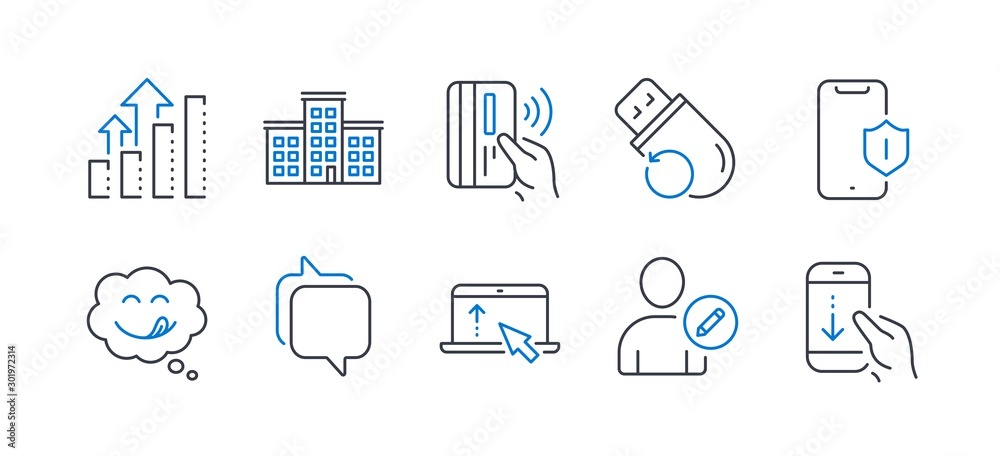 Set of Technology icons, such as Edit user, Smartphone protection, Swipe up, Company, Yummy smile, Messenger, Contactless payment, Analysis graph, Flash memory, Scroll down line icons. Vector Set of Technology icons, such as Edit user, Smartphone protection, Swipe up, Company, Yummy smile, Messenger, Contactless payment, Analysis graph, Flash memory, Scroll down line icons. Vector