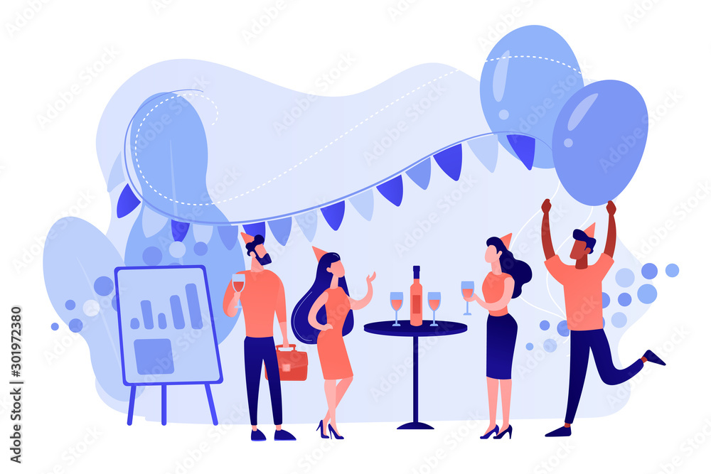 Happy tiny business people dancing, having fun and drinking wine. Corporate party, team building activity, corporate event idea concept. Pinkish coral bluevector isolated illustration