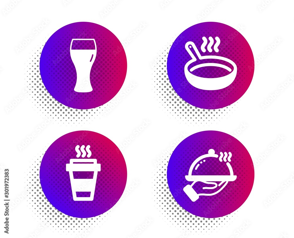 Beer glass, Frying pan and Takeaway icons simple set. Halftone dots button. Restaurant food sign. Brewery beverage, Cooking utensil, Takeout coffee. Room service. Food and drink set. Vector Beer glass, Frying pan and Takeaway icons simple set. Halftone dots button. Restaurant food sign. Brewery beverage, Cooking utensil, Takeout coffee. Room service. Food and drink set. Vector
