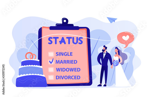 Married couple and marital status on clipboard, tiny people. Relationship status, marital status and separation, marriage and divorce concept. Pinkish coral bluevector isolated illustration