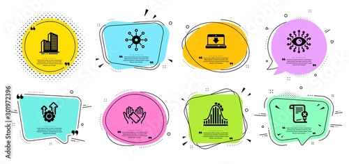 Reject certificate, Multichannel and Seo gear line icons set. Chat bubbles with quotes. Smartphone holding, Artificial intelligence and Internet downloading signs. Vector