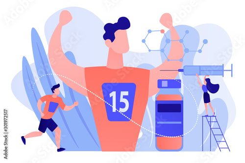 Nurse with syringe doing a doping injection to champion athlete, tiny people. Doping test, performance-enhancing drugs, doping use in sport concept. Pinkish coral bluevector isolated illustration