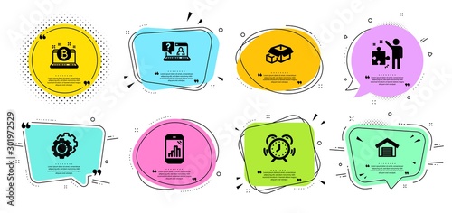 Settings gears, Time management and Packing boxes line icons set. Chat bubbles with quotes. Parking garage, Graph phone and Strategy signs. Bitcoin, Faq symbols. Vector