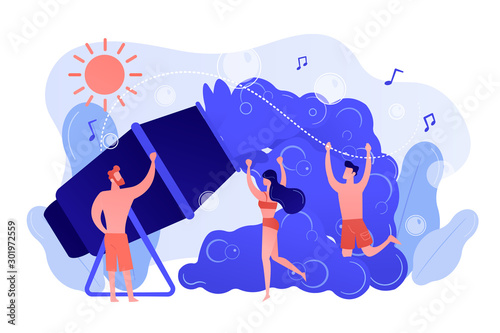 Young tiny people enjoy dancing in bubbles dispensed from foam machine in summer. Foam party, foam machine event, dancing in bubbles concept. Pinkish coral bluevector isolated illustration