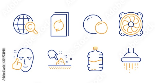 Skin moisture, International Ð¡opyright and Cooler bottle line icons set. Computer fan, Healthy face and Peas signs. Update document, Shower symbols. Wet cream, World copywriting. Vector