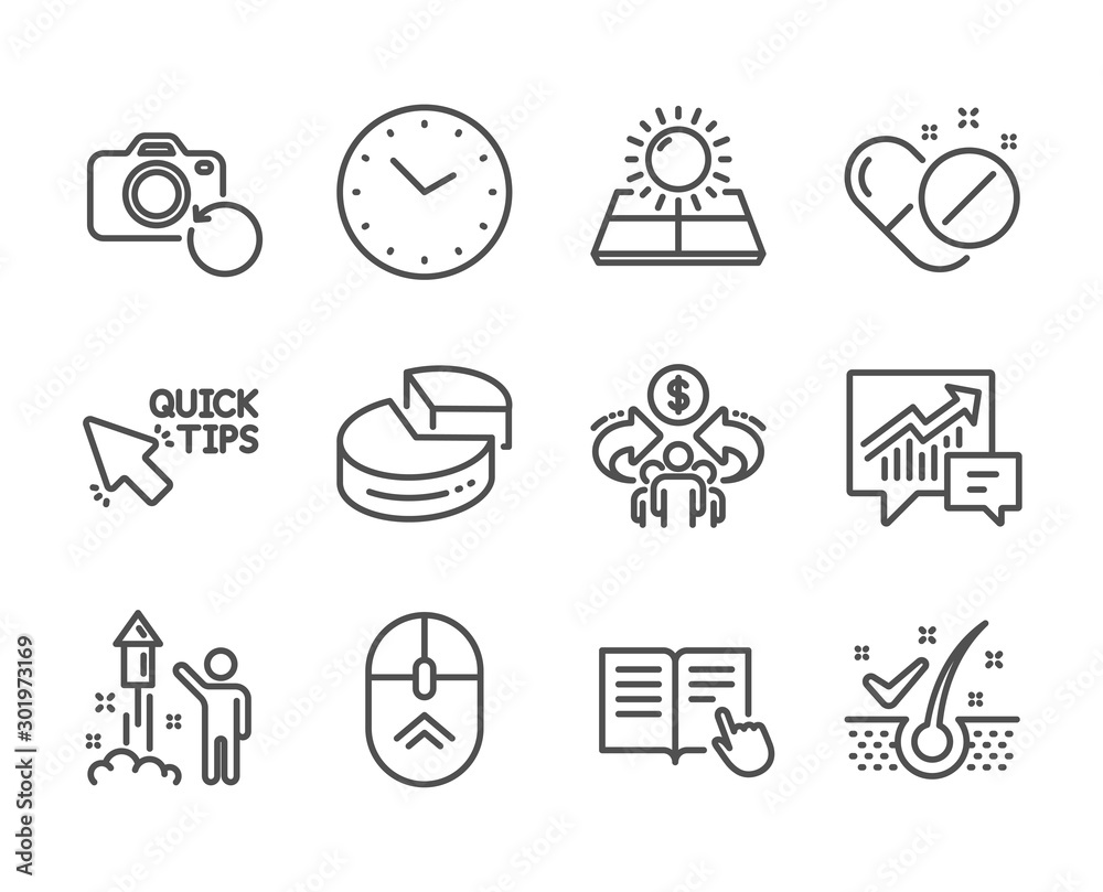 Fototapeta premium Set of Science icons, such as Medical pills, Quick tips, Time, Swipe up, Anti-dandruff flakes, Pie chart, Accounting, Fireworks, Recovery photo, Sharing economy, Sun energy line icons. Vector