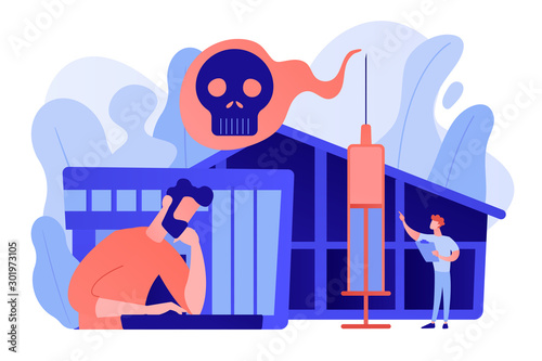 Patient getting medical treatment for dependency on psychoactive substances. Drug rehab center, experimental treatment, drug rehabilitation concept. Pinkish coral bluevector vector isolated