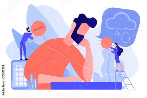 Businessman feeling bad with depressive symptoms, tiny people. Seasonal affective disorder, mood disorder, depression symptoms treatment concept. Pinkish coral bluevector vector isolated illustration photo