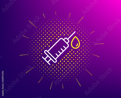 Medical syringe line icon. Halftone pattern. Medicine vaccine sign. Pharmacy medication symbol. Gradient background. Medical syringe line icon. Yellow halftone pattern. Vector