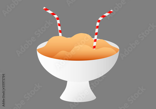 Bol de helado con crema y pajita.