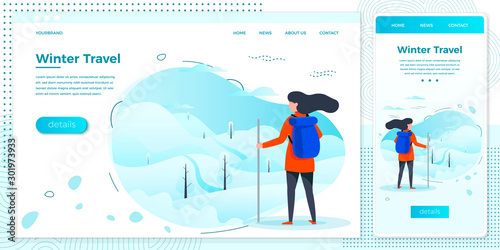 Vector winter illustration set country hiking girl