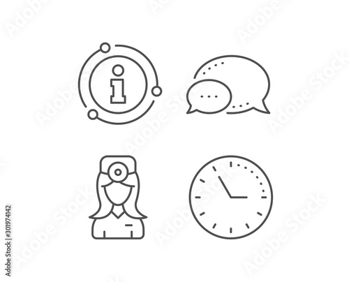 Oculist doctor line icon. Chat bubble, info sign elements. Health eye sign. Optometry clinic symbol. Linear oculist doctor outline icon. Information bubble. Vector