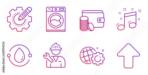 Cold-pressed oil, Settings gear and Payment method line icons set. Seo gear, Musical note and Repairman signs. Washing machine, Upload symbols. Organic tested, Technology process. Vector