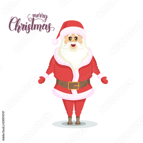 Santa in Flat style isolated on white. Vector illustration. Happy New Year and Christmas. Hand made Lettering