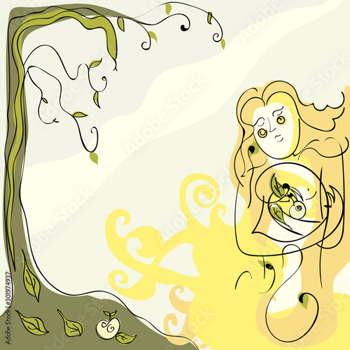 Woman holding in hand tree snake apple olive green yellow orange curly hair flat illustration