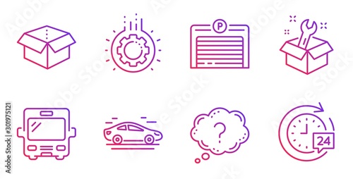Car, Parking garage and Open box line icons set. Bus, Gear and Question mark signs. Spanner, 24h delivery symbols. Transport, Automatic door. Technology set. Gradient car icon. Vector