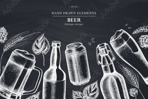 Design with chalk rye, hop, mug of beer, bottles of beer, aluminum can