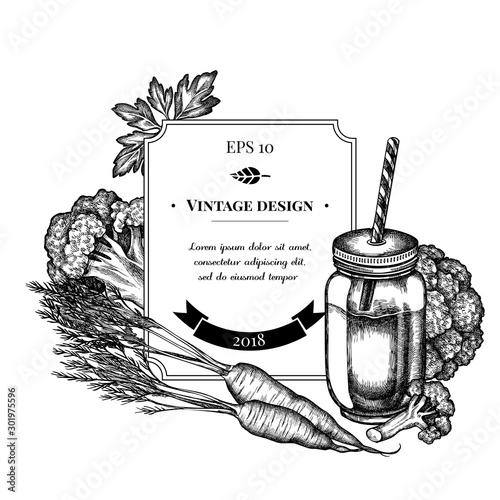 Badge design with black and white broccoli, greenery, carrot, smothie jars