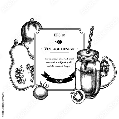 Badge design with black and white cherry tomatoes, pumpkin, smothie jars