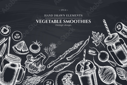 Design with chalk lemons, broccoli, radish, green beans, cherry tomatoes, beet, greenery, carrot, basil, pumpkin, smoothie cup, smothie jars, cucumber, celery