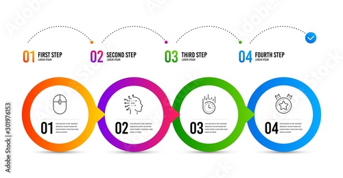 Fast delivery, Computer mouse and Artificial intelligence line icons set. Timeline infographic. Ranking star sign. Stopwatch, Pc equipment, Mind intellect. Winner medal. Technology set. Vector