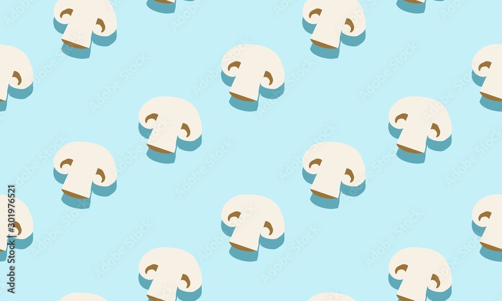 Seamless blue background with slice mushrooms with shadow. Vector illustration design with vegetables for template. Seamless blue background with slice mushrooms with shadow. Vector illustration design with vegetables for template.