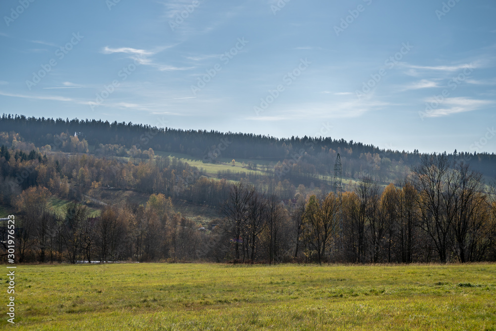 Panoramic view of fields and forest near Gluszyca and Walbrzych. Autum sunny weather, vivid colors. Panoramic view of fields and forest near Gluszyca and Walbrzych. Autum sunny weather, vivid colors.