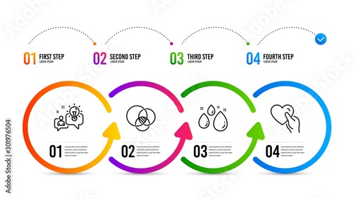 Hold heart sign. Infographics timeline. Euler diagram, Idea and Water drop line icons set. Relationships chart, Solution, Aqua. Friendship. Business set. Euler diagram icon. Timeline diagram. Vector
