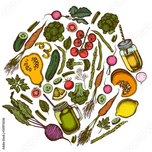 Design with colored lemons, broccoli, radish, green beans, cherry tomatoes, beet, greenery, carrot, basil, pumpkin, smoothie cup, smothie jars, cucumber, celery