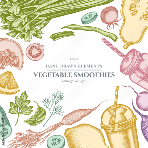 Design with pastel lemons, broccoli, radish, green beans, cherry tomatoes, beet, greenery, carrot, basil, pumpkin, smoothie cup, smothie jars, cucumber, celery