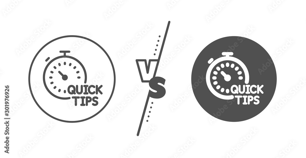 Helpful tricks sign. Versus concept. Quick tips line icon. Tutorials with timer symbol. Line vs classic quick tips icon. Vector Helpful tricks sign. Versus concept. Quick tips line icon. Tutorials with timer symbol. Line vs classic quick tips icon. Vector