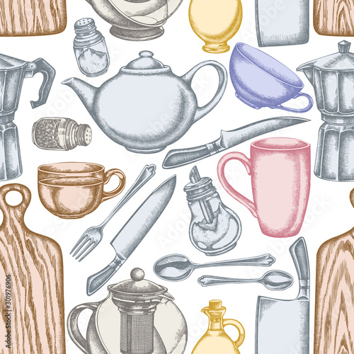 Seamless pattern with hand drawn pastel Chef's knifes, teaspoon, spoon, fork, knife, cutting board, bottle of oil, teapots, coffee pot, cups, sugar bowl, pepper shaker, salt shaker