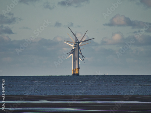The wind turbines of Burbo Bank in the Mersey Estuary off New Brighton, Wirral / Liverpool - some of the largest in the world.
