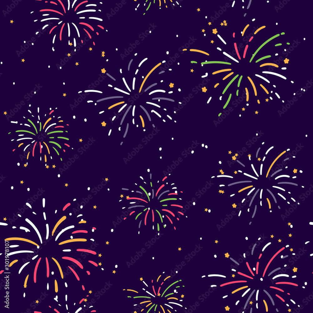 Vector seamless pattern with stylized lights of fireworks. Background with abstract exploding shape. Simple christmas texture. Ornamental cute illustration for print, web Vector seamless pattern with stylized lights of fireworks. Background with abstract exploding shape. Simple christmas texture. Ornamental cute illustration for print, web