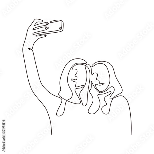 Continuous one line drawing of two girls taking a picture with smartphone. People selfie with mobile phone. Vector illustration simplicity design.