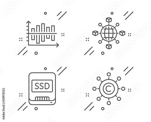 Diagram chart, Ssd and Logistics network line icons set. Copywriting network sign. Presentation graph, Memory disk, International tracking. Content networking. Business set. Vector