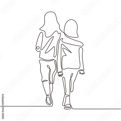 Continuous one line drawing of young girls. Sister, family, and friendship moment theme. Two women walking on the street. Concept of togetherness and act of kindness vector minimalism.