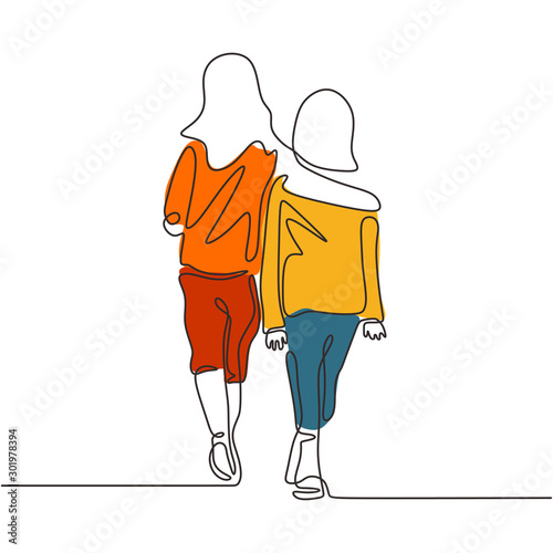 Continuous one line drawing of two girls walking. Concept of sisters share togetherness and love. Vector family and friendship metaphor. photo