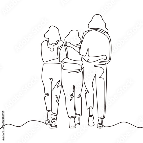 Continuous one line drawing of three girls walking. Young sisters group of family in back view pose. Vector simplicity design.