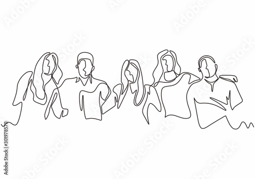 Continuous one line drawing of diversity concept of people with minimalism hand drawn. Vector man and woman in the group of five persons in different age and gender. Simplicity design illustration.