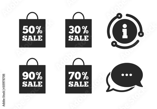 Discount special offer symbols. Chat, info sign. Sale bag tag icons. 30%, 50%, 70% and 90% percent sale signs. Classic style speech bubble icon. Vector