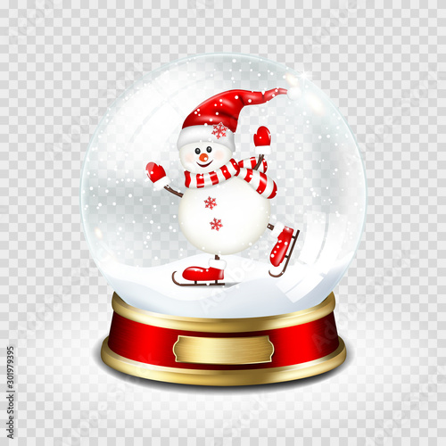 Realistic transparent snow globe with snowman and snow, isolated.