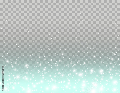 Glitter particles and white glowing lights effect with confetti. Vector star dust sparks on transparent blue background.