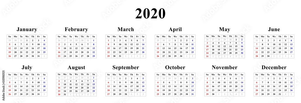 Year 2020 calendar with simple minimalistic design, English version, raster Year 2020 calendar with simple minimalistic design, English version, raster