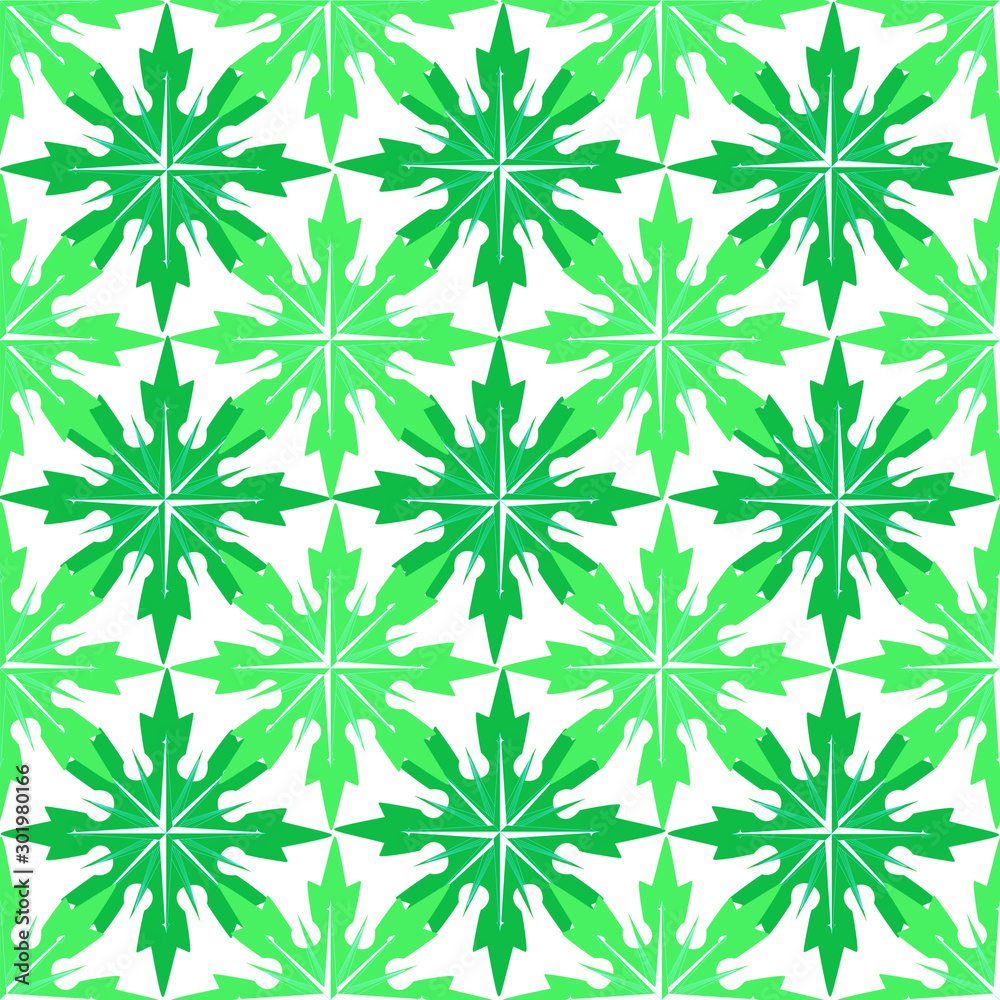 Seamless geometric winter pattern with big dark green and light green snowflakes on a white background Seamless geometric winter pattern with big dark green and light green snowflakes on a white background