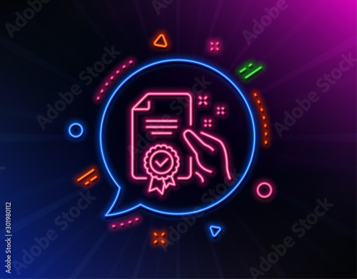 Certificate line icon. Neon laser lights. High quality or Guarantee sign. Verified document symbol. Glow laser speech bubble. Neon lights chat bubble. Banner badge with certificate icon. Vector