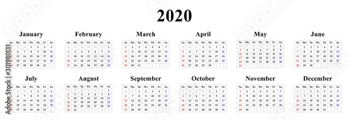 Year 2020 calendar with simple minimalistic design, English version, raster