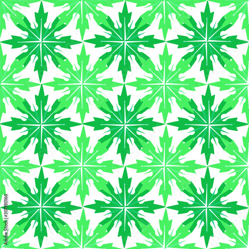 Seamless geometric winter pattern with big dark green and light green snowflakes on a white background