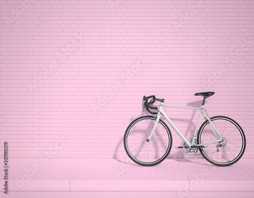 Fototapeta Naklejka Na Ścianę i Meble -  White bicycle in the lower right corner of the frame 3d rendering. 3d illustration ecological urban transport. Vintage bicycle in the room against wall. Copy space. nice pink background.