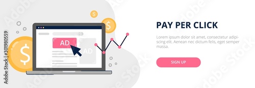 Advertising Pay Per Click concept. PPC advertising posted on a web page. Flat vector illustration. Good for banners, ads, landing pages or articles.
